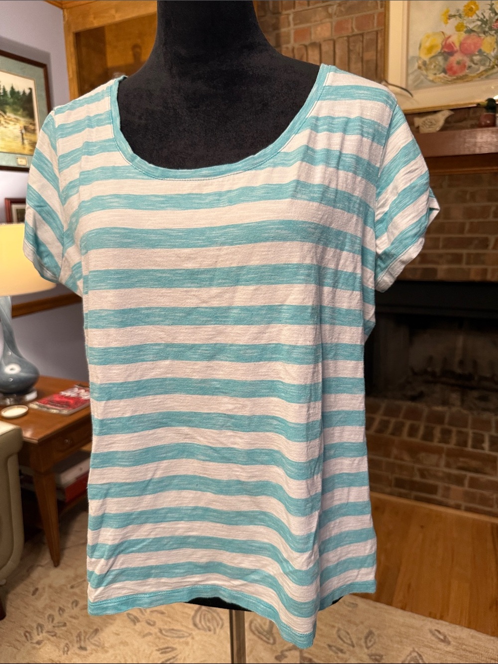 Columbia Light Blue and White Striped Women's Scoop Neck Tee